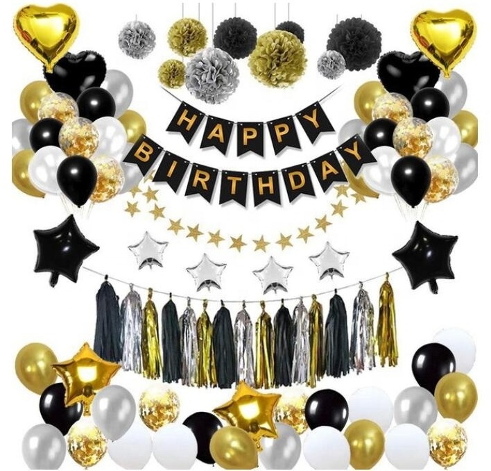 Birthday Party Decoration Kit Happy Birthday Confetti Balloons With Paper Pom Pom Black Gold For 18th 21st 30th 40th Birthday