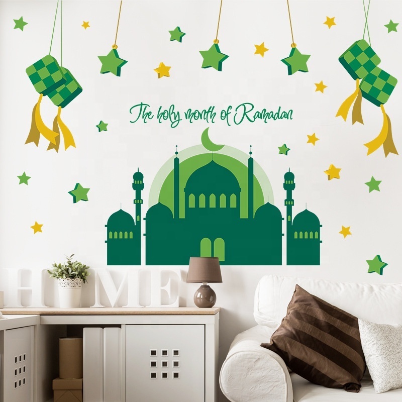 Ramadan Decoration Wall Stickers Eid Mubarak Decor Green Castle Kareem Islamic Window Stickers Muslim Mural Wall Decals