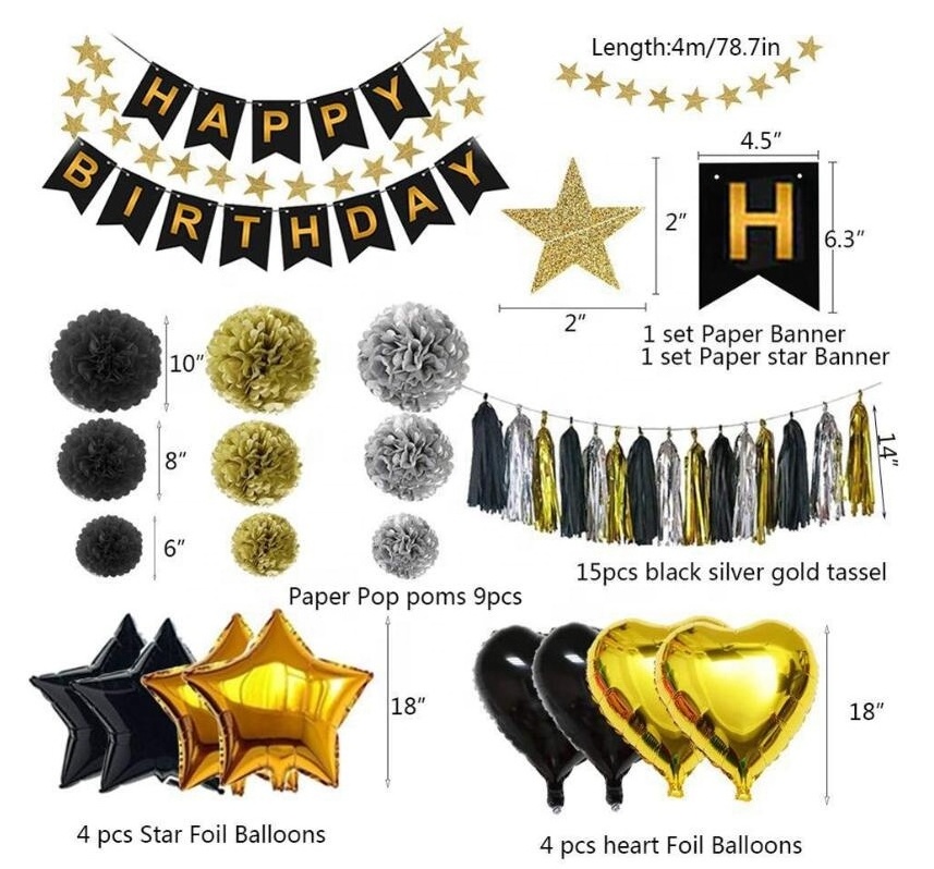 Birthday Party Decoration Kit Happy Birthday Confetti Balloons With Paper Pom Pom Black Gold For 18th 21st 30th 40th Birthday