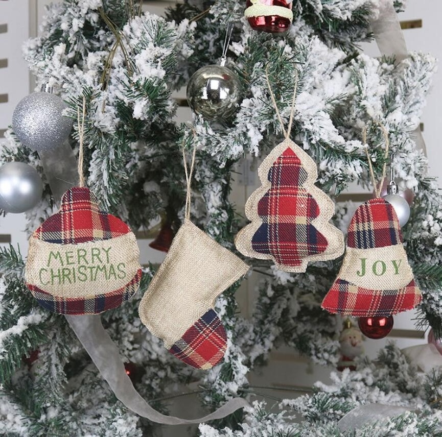 Unique Mini Christmas Tree Ornaments Christmas Decorations Small Red Plaid Christmas Stockings Ball Tree Bell Hanging Pendant