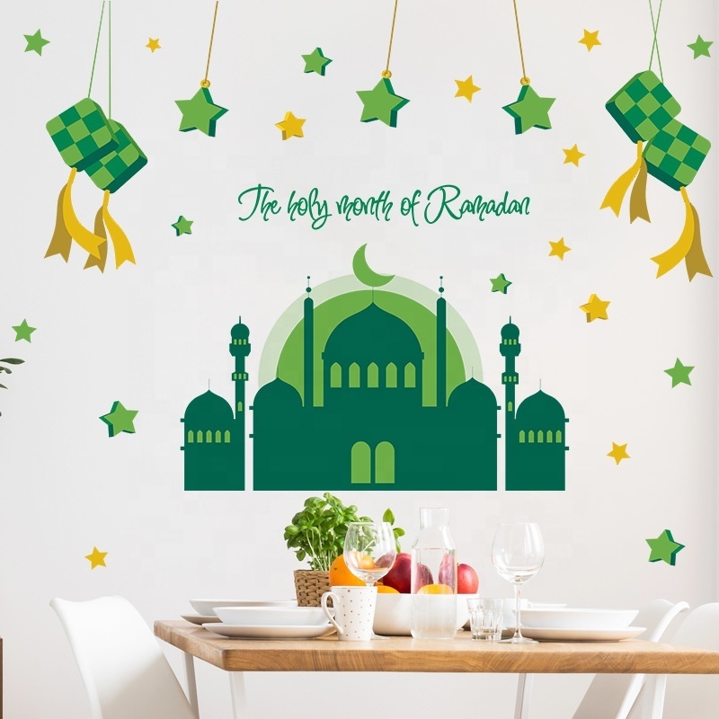 Ramadan Decoration Wall Stickers Eid Mubarak Decor Green Castle Kareem Islamic Window Stickers Muslim Mural Wall Decals