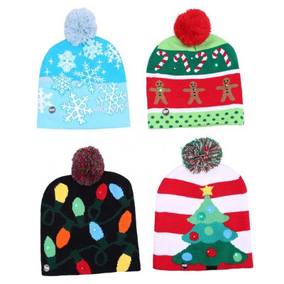 LED Light Up Christmas Hats Beanies Funny Flashing Winter Soft Knitted Ugly Christmas Hat Beanies Xmas New Year Party Decoration