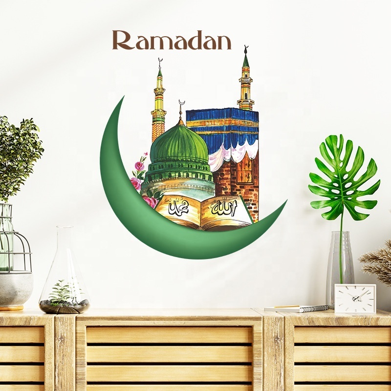 2023 Ramadan Decoration Wall Stickers Eid Mubarak Decor Green Castle Kareem Islamic Window Stickers 3D Vinyl Ramadan Wall Decals