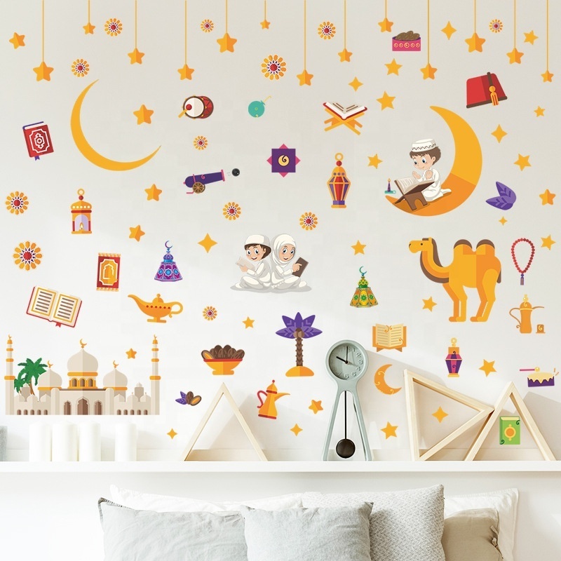 Eid Mubarak Wall Stickers 4 Sheets Moon Star Castle Camel Window Sticker  For Islamic Muslim Ramadan Party Living Room