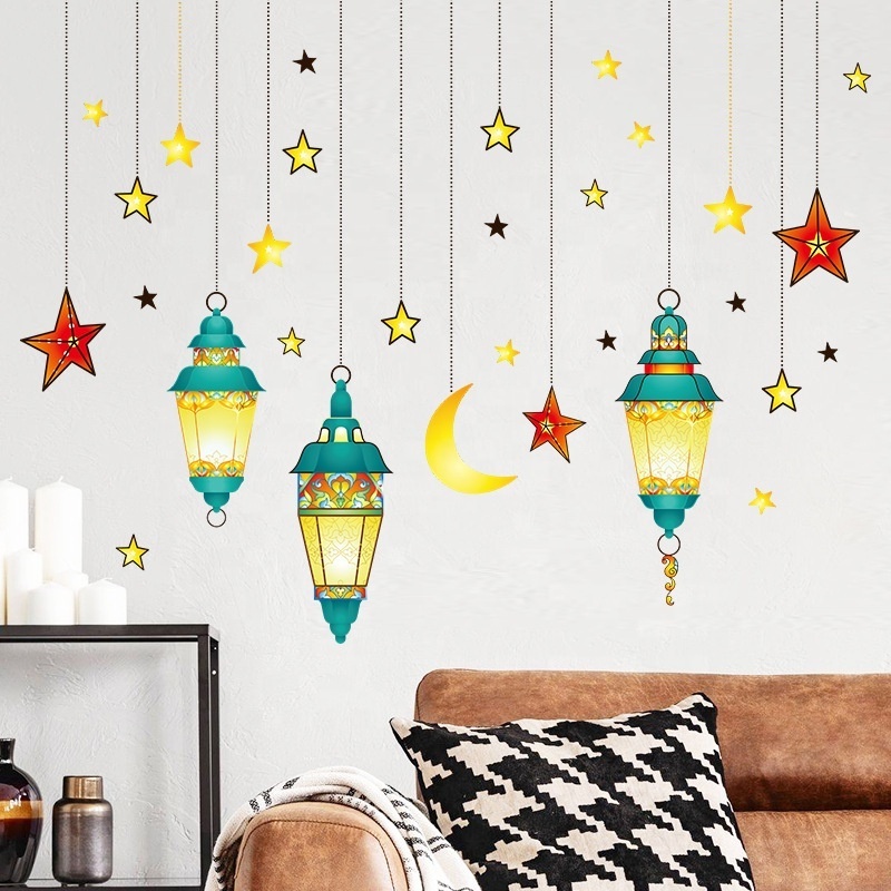 New Arrival 2023 Ramadan  Islam Muslim Eid Mubarak Ramadan Wall Stickers Lantern Star Moon Window Sticker