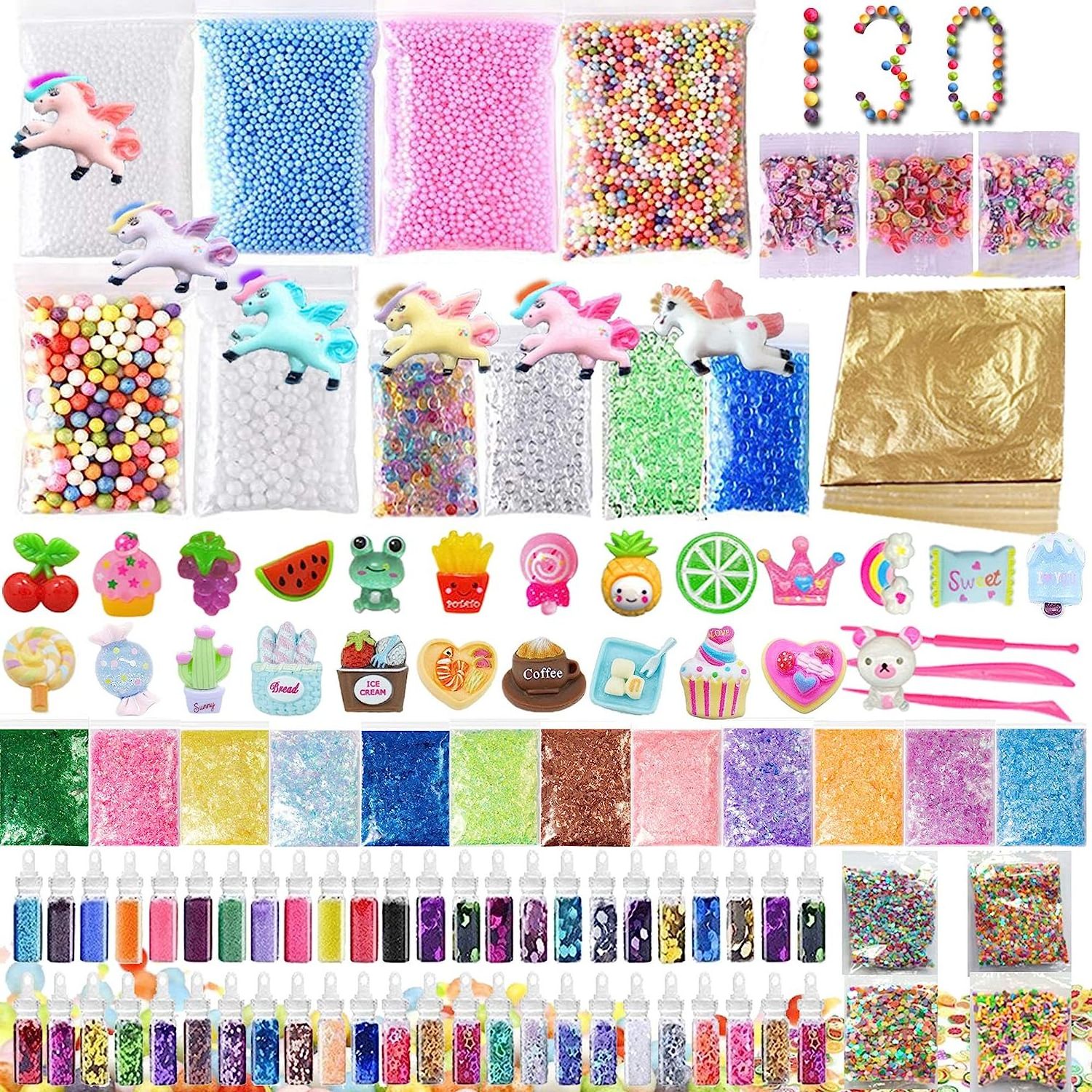 130pack Slime Making Kits Supplies Playdough Gold Leaf Foam Balls Fruit Slices Sprinkles Glitter Sequins Accessories