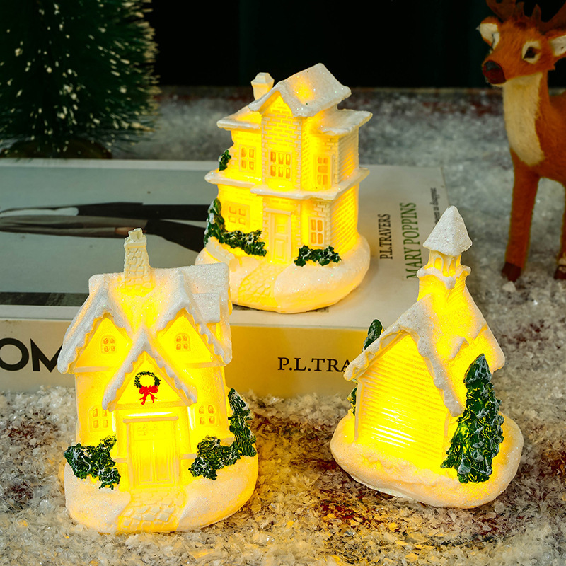 Christmas Ornaments Village Snow House Figurine Light Up Christmas Resin Mini Village Houses Desktop Table Decoration