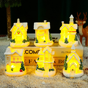 Christmas Ornaments Village Snow House Figurine Light Up Christmas Resin Mini Village Houses Desktop Table Decoration