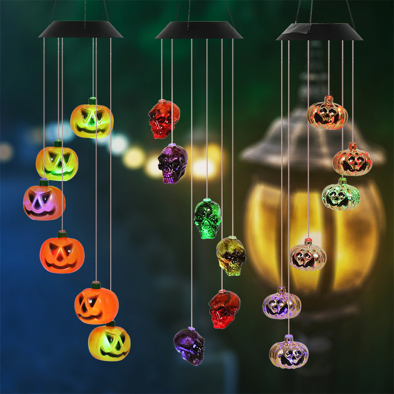 Halloween Solar Lights Led String Pumpkin Ghost Skeletons Bat Spider Fairy Wind Chime Led String for Yard Outdoor Decoration