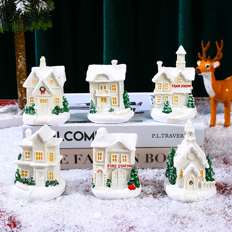 Christmas Ornaments Village Snow House Figurine Light Up Christmas Resin Mini Village Houses Desktop Table Decoration