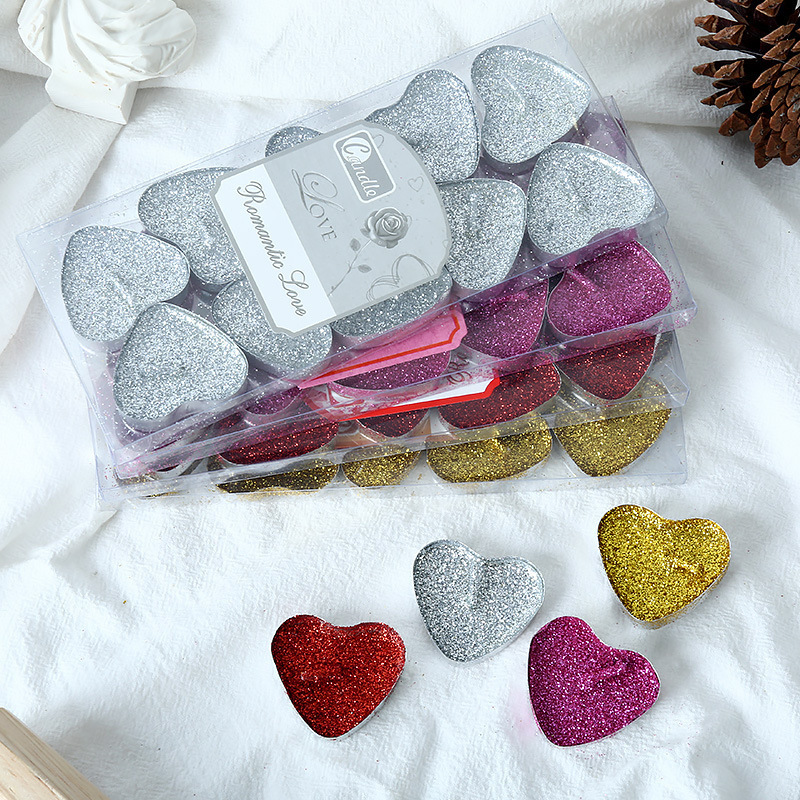 Pack of 10 Heart Shaped Glitter Tealight Candles Romantic Love Unscented Smokeless Mini Tea Light Candle for Wedding Proposal