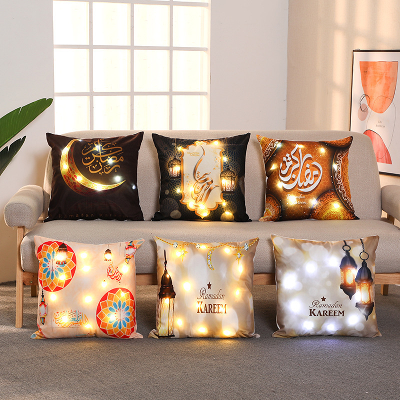 2022 Ramadan Cushion Pillow Covers With Led String Light Eid Mubarak Decorations Ramadan Kareem Muslim Party Decor