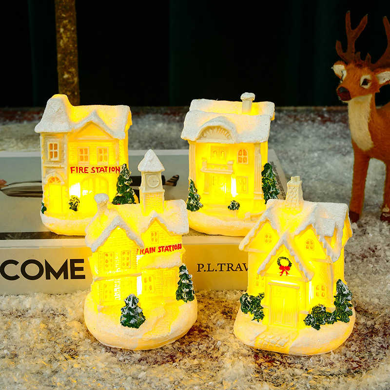 Christmas Ornaments Village Snow House Figurine Light Up Christmas Resin Mini Village Houses Desktop Table Decoration