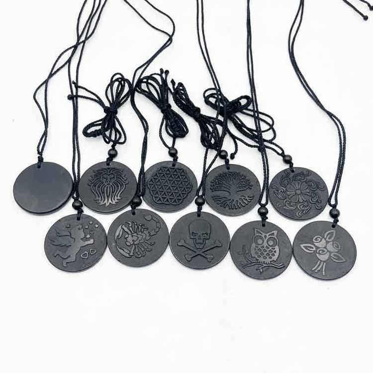 Spiritual Crystal EMF Protection Jewelry Circle Shaped Natural Black Shungite Tree of Life Pendants Necklace for Reiki