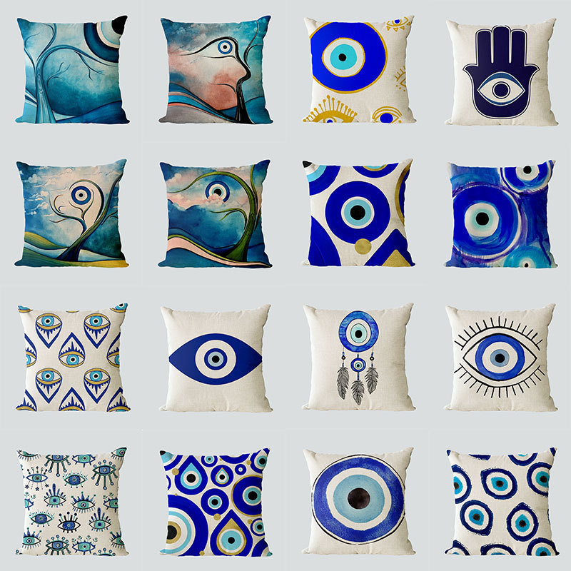 Evil Eyes Cushion Cover Blue Cotton Linen Print Decorative Throw Turkey Pillow Case For Couch Sofa