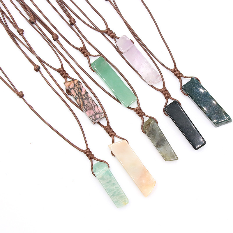 Knotted Waxed Rope Geometric Irregular Rectangle Colorful Raw Natural Rock Stone Crystal Quartz Gemstone Bar Pendant Necklace