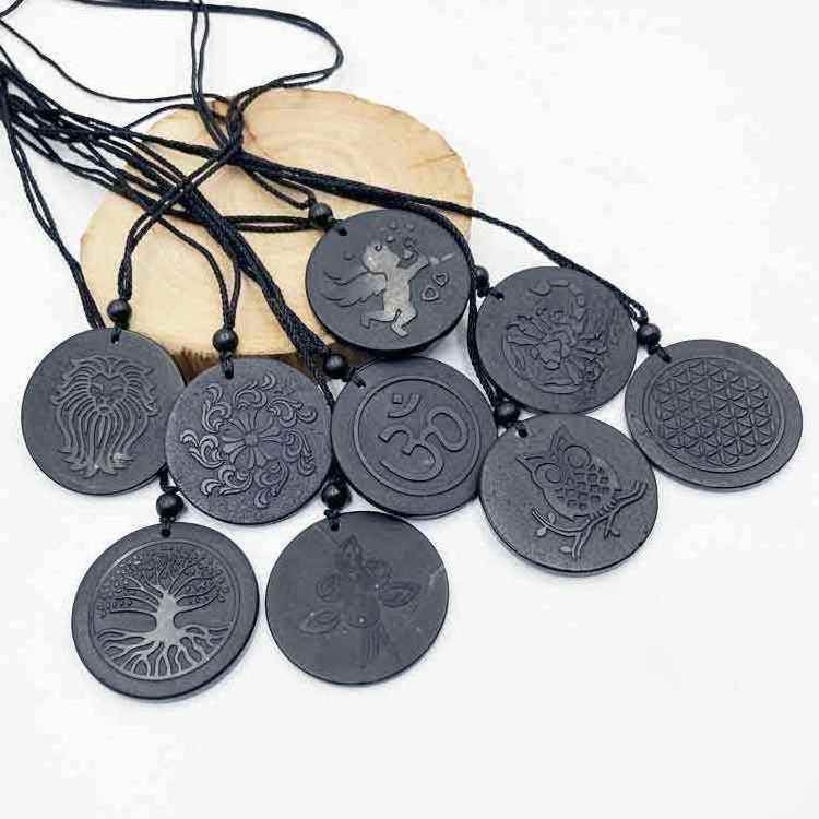 New arrivals spiritual crystals wand jewelry circle shaped natural black shungite metatron's cube pendants for Reiki