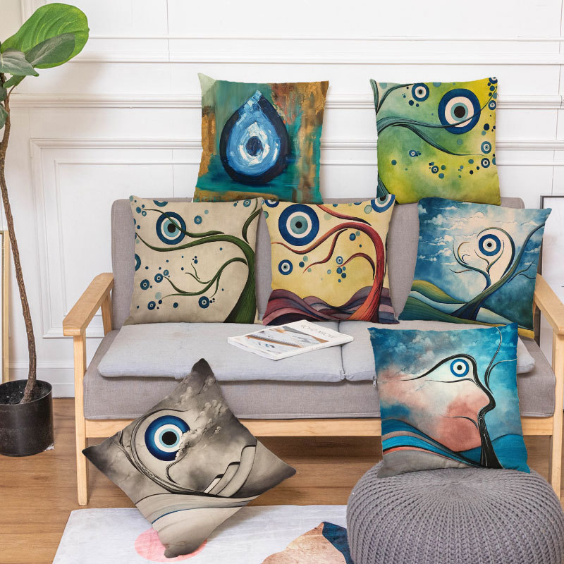 Evil Eyes Cushion Cover Blue Cotton Linen Print Decorative Throw Turkey Pillow Case For Couch Sofa