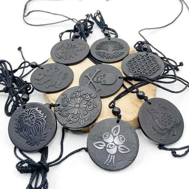 Spiritual Crystal EMF Protection Jewelry Circle Shaped Natural Black Shungite Tree of Life Pendants Necklace for Reiki