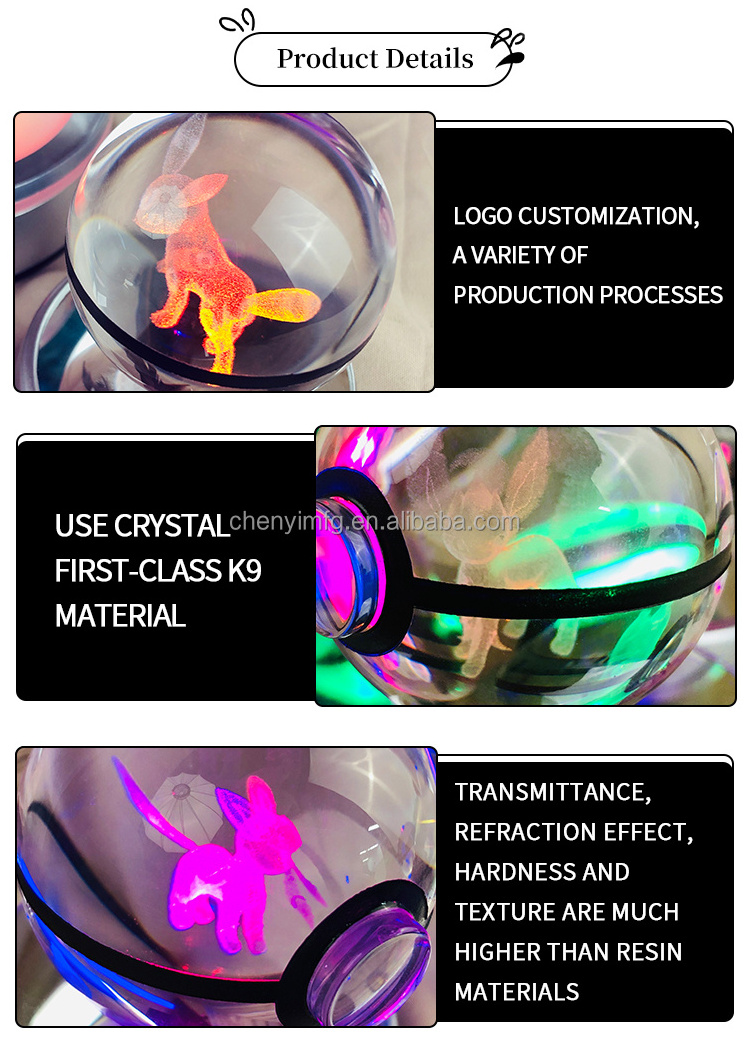 5CM 3D Laser K9 Crystal Pokemon Ball Customization Available 3D Laser Engraving Glass Ball Crystal Pokeball