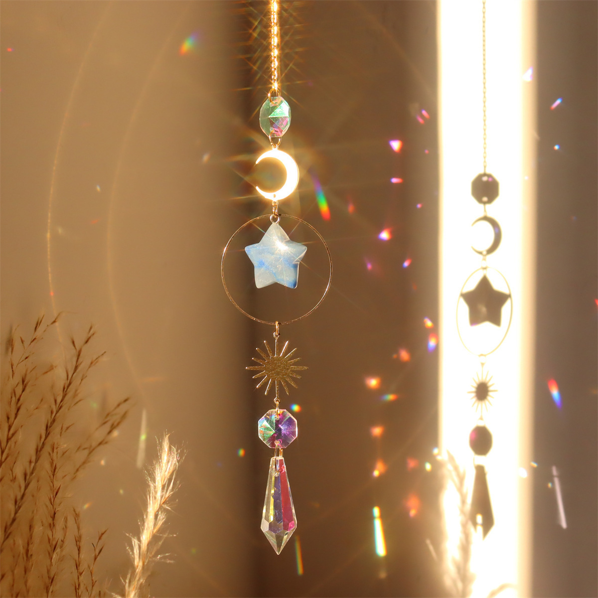 Wall Art Gold Moon Sun Catcher With Raw Crystal Quartz Stone Hanging Ball Window Prism Home Decoration And Garden C6