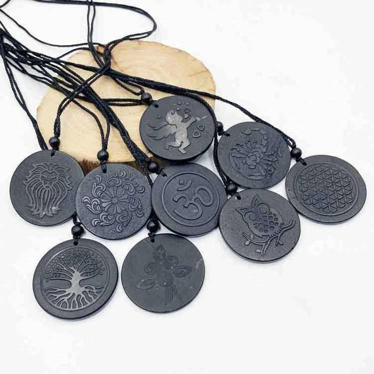 Spiritual products Crystal jewelry with rope moon runes natural round shaped black shungite crystal pendants for gifts