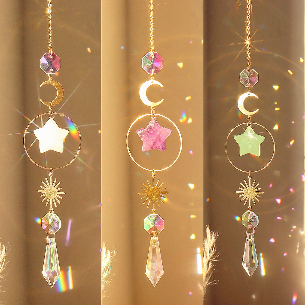 Wall Art Gold Moon Sun Catcher With Raw Crystal Quartz Stone Hanging Ball Window Prism Home Decoration And Garden C6