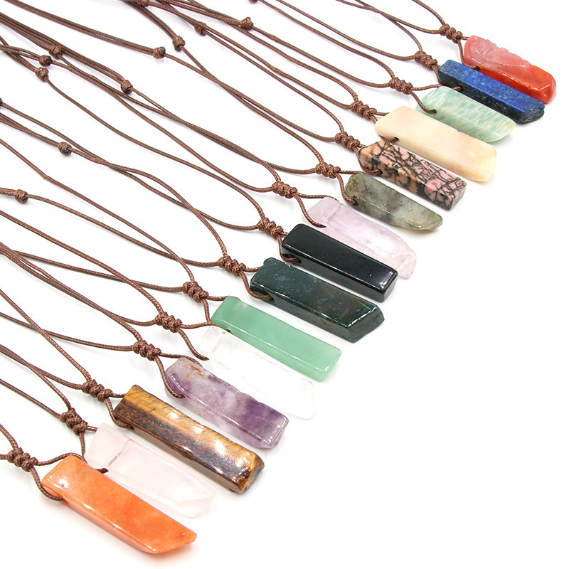 Knotted Waxed Rope Geometric Irregular Rectangle Colorful Raw Natural Rock Stone Crystal Quartz Gemstone Bar Pendant Necklace