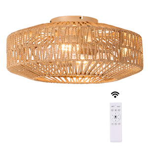 Wholesale Modern Decor Bedroom Fan Lamp With Remote Controller Vintage Ceiling Light Fixture Retro Loft Rattan Ceiling Fan Light