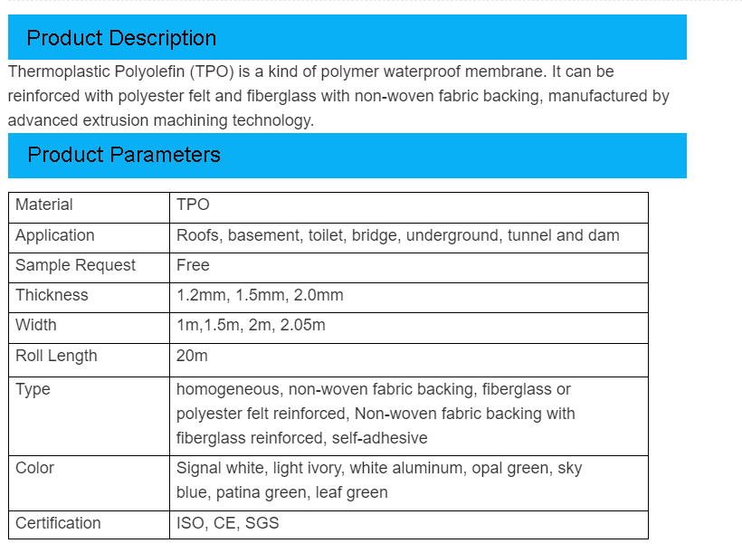 Tpo Roofing Membrane Waterproof Coiled Material TPO/HDPE/PVC Roofing Waterproof Membrane Material