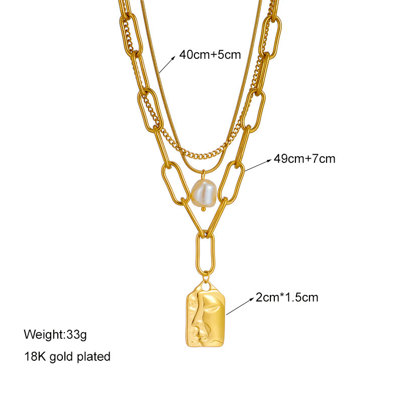 High quality 18k gold plated stainless steel multi layered pearl pendant necklace face pendant chain necklace for women