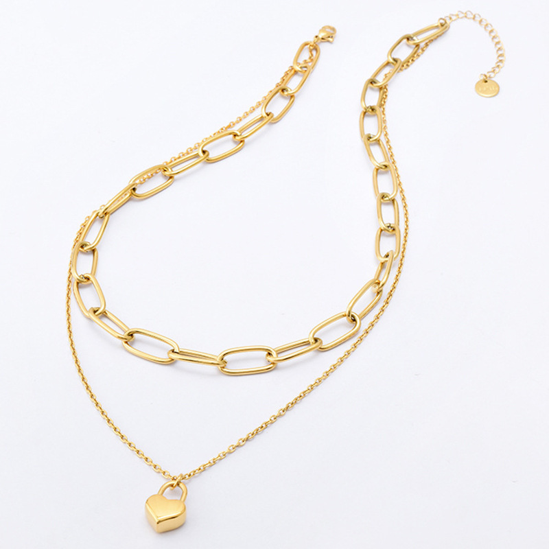 Fashion Statement Design Gold Plating Link Chain Padlock Necklace Stainless Steel Circle Chain Heart Lock Necklace