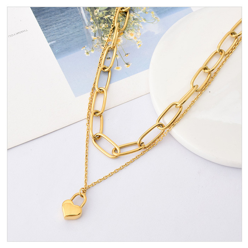 Fashion Statement Design Gold Plating Link Chain Padlock Necklace Stainless Steel Circle Chain Heart Lock Necklace