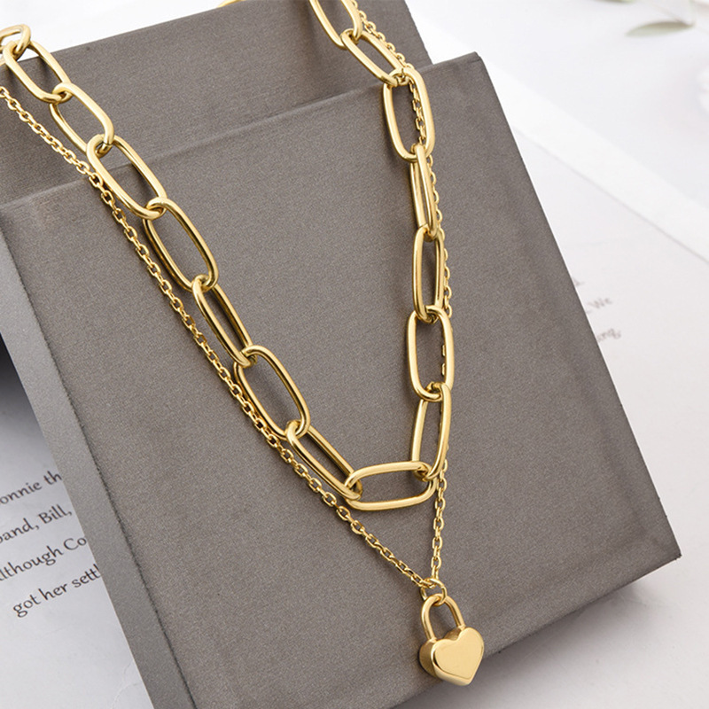 Fashion Statement Design Gold Plating Link Chain Padlock Necklace Stainless Steel Circle Chain Heart Lock Necklace