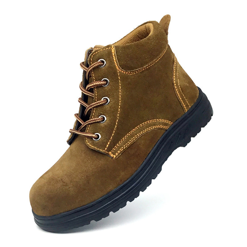 Popular wide toe protection mid cut steel toe rubber sole safety boots brown/grey/yellow