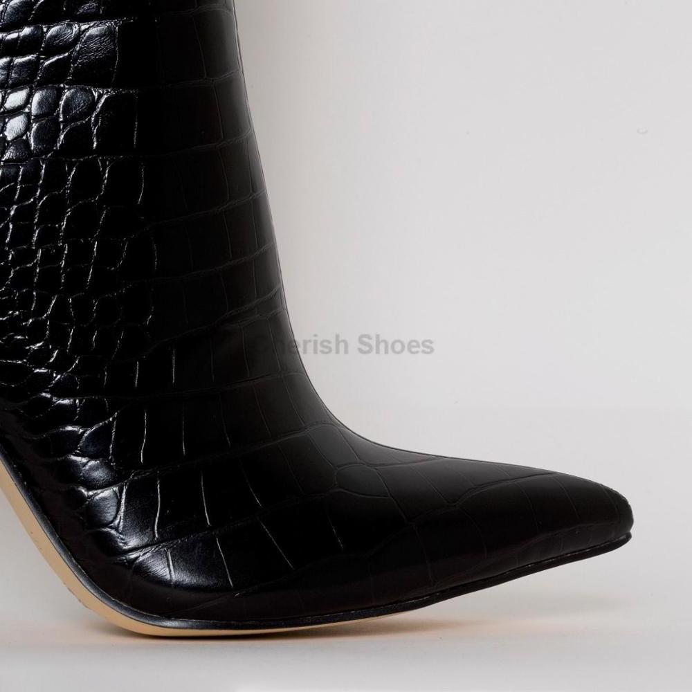 Fashion Women pointed toe block heel black crocodile skin Party Wear high heels knee thigh winter boots over the knee boots