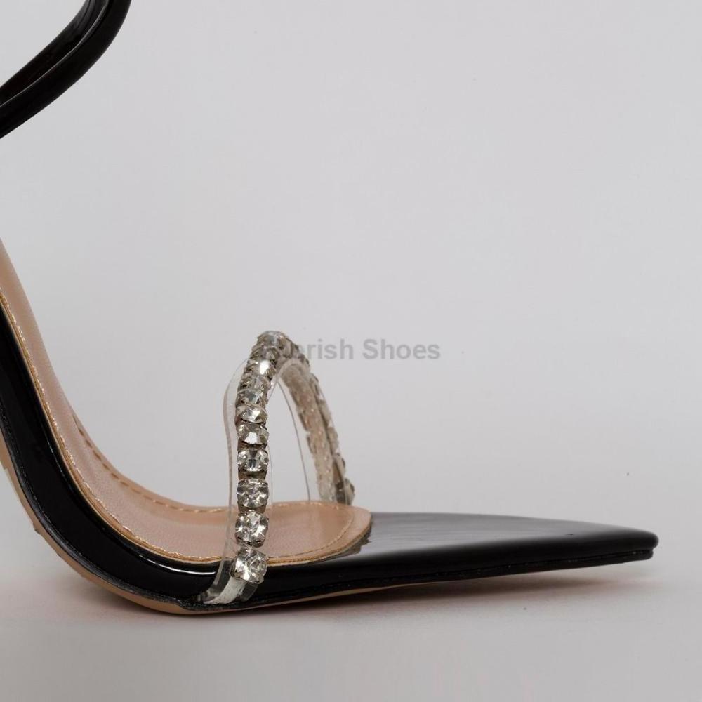 Up Stiletto Heels Women Party Shoes New Pointed Toe Ankle Strap Fashion for Sexy Design Patent Clear Diamante Lace Ladies PU