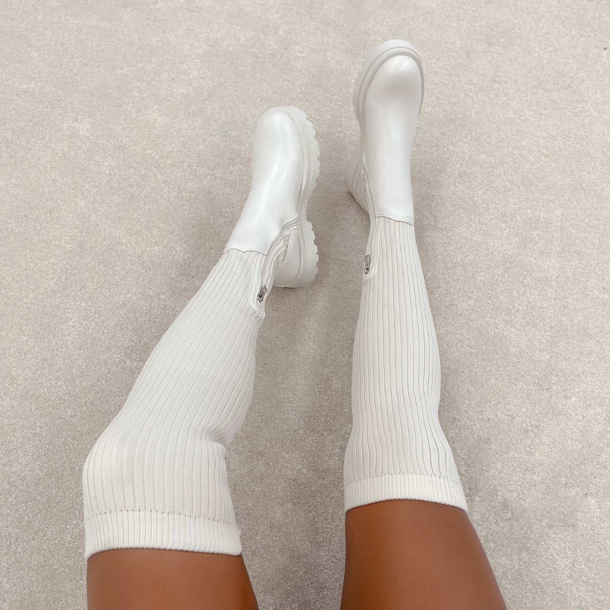 Fashion chunky sole heels Ladies Girls Over Knee high Winter knitted sock Women Boots Knit Stitching Footwear Thigh High boots