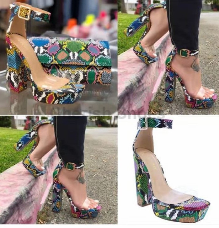 Fashion new design ladies beautiful high heel platform rainbow snake print sandals for women chic block heels square toe shoes