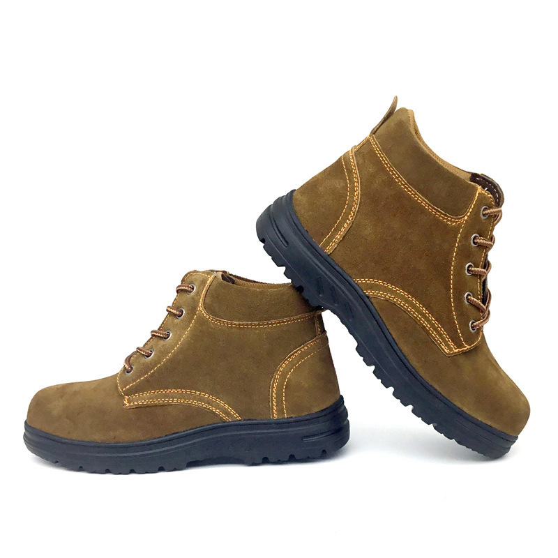 Popular wide toe protection mid cut steel toe rubber sole safety boots brown/grey/yellow