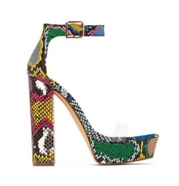 Fashion new design ladies beautiful high heel platform rainbow snake print sandals for women chic block heels square toe shoes