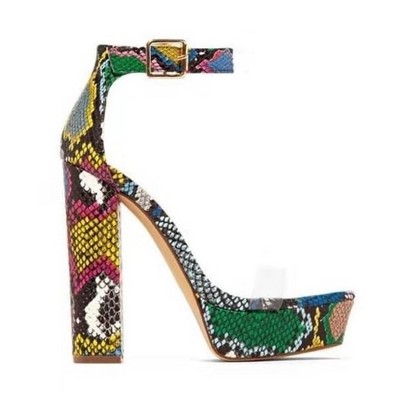 Fashion new design ladies beautiful high heel platform rainbow snake print sandals for women chic block heels square toe shoes