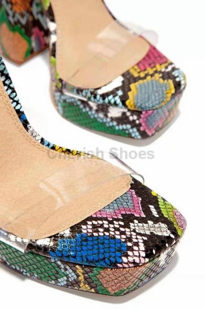 Fashion new design ladies beautiful high heel platform rainbow snake print sandals for women chic block heels square toe shoes