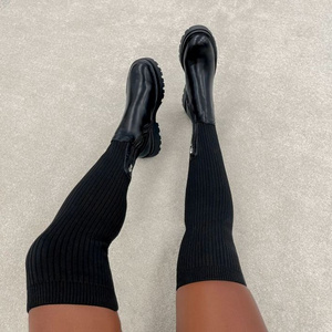 Fashion chunky sole heels Ladies Girls Over Knee high Winter knitted sock Women Boots Knit Stitching Footwear Thigh High boots