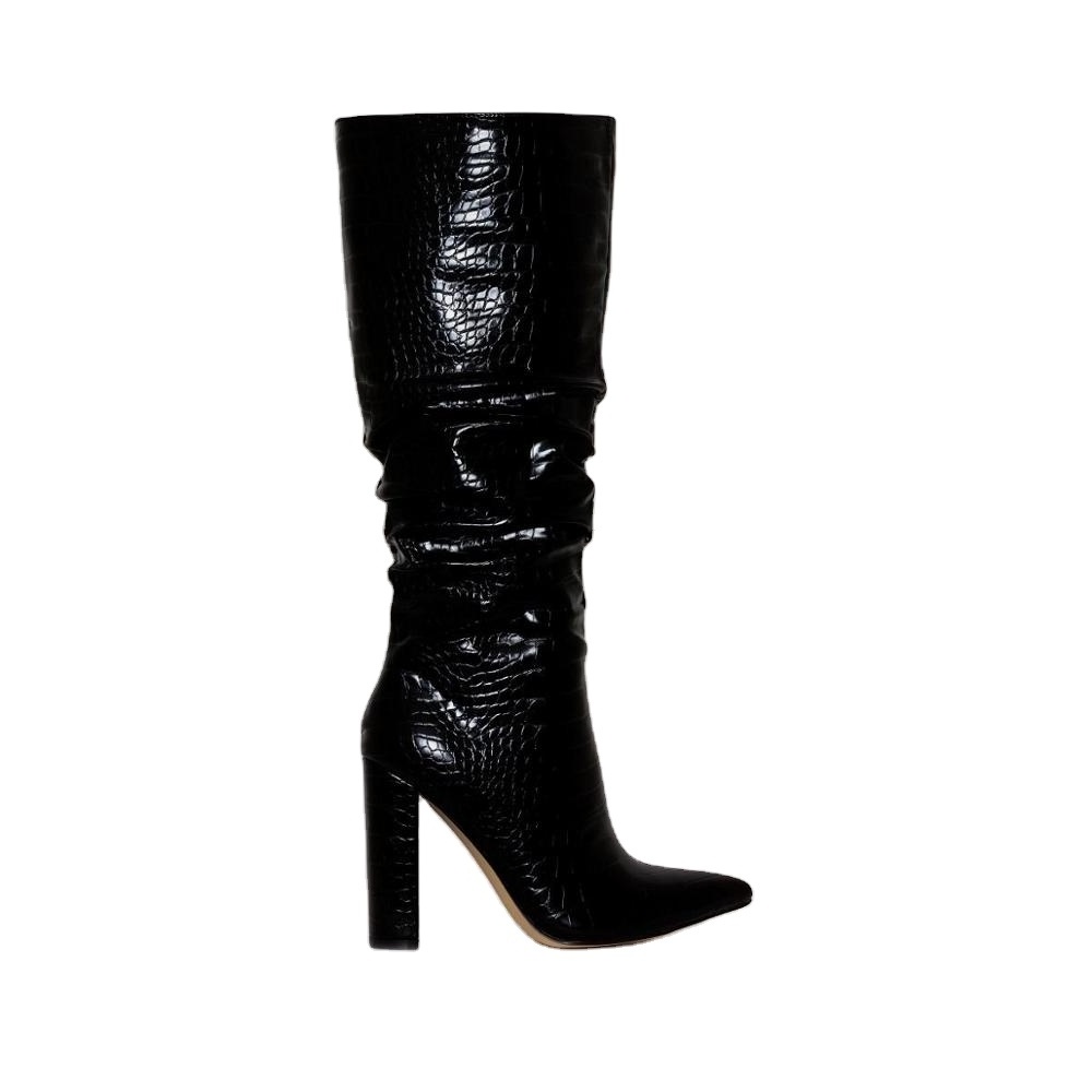 Fashion Women pointed toe block heel black crocodile skin Party Wear high heels knee thigh winter boots over the knee boots