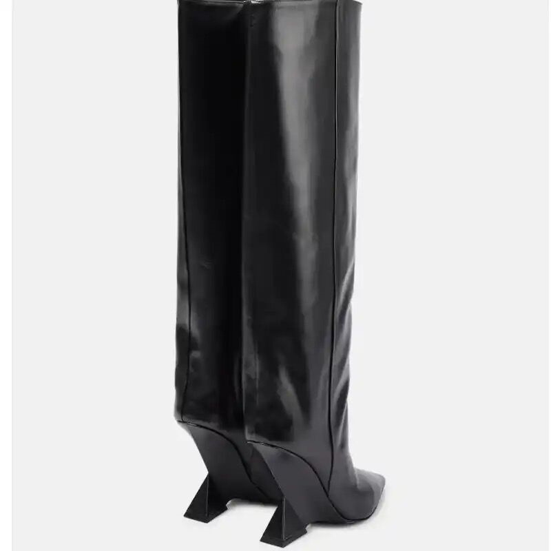 UBILILIA Custom Ladies High pointed toe Boots Wide Shaft Solid Color Soft Leather Strange Heel Women Knee High Wedge heels Boots