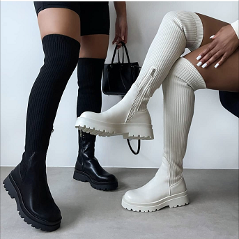 Fashion chunky sole heels Ladies Girls Over Knee high Winter knitted sock Women Boots Knit Stitching Footwear Thigh High boots