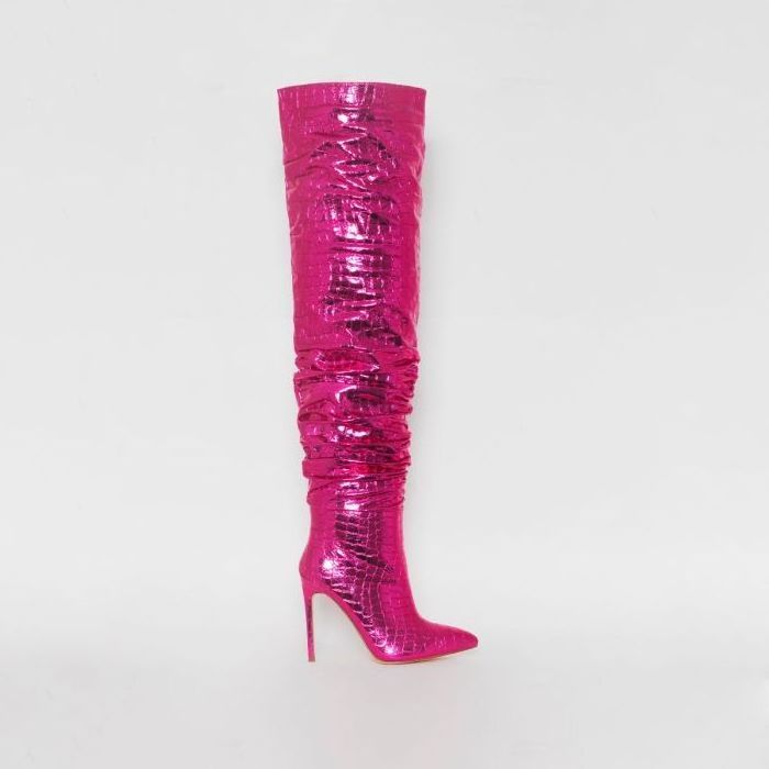 New style custom hot pink pointed toe women winter shiny metallic stiletto high heels boots crocprint wide calf thigh high boots