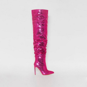 New style custom hot pink pointed toe women winter shiny metallic stiletto high heels boots crocprint wide calf thigh high boots