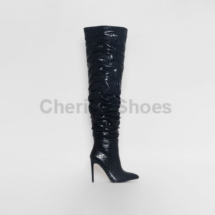 New style custom hot pink pointed toe women winter shiny metallic stiletto high heels boots crocprint wide calf thigh high boots